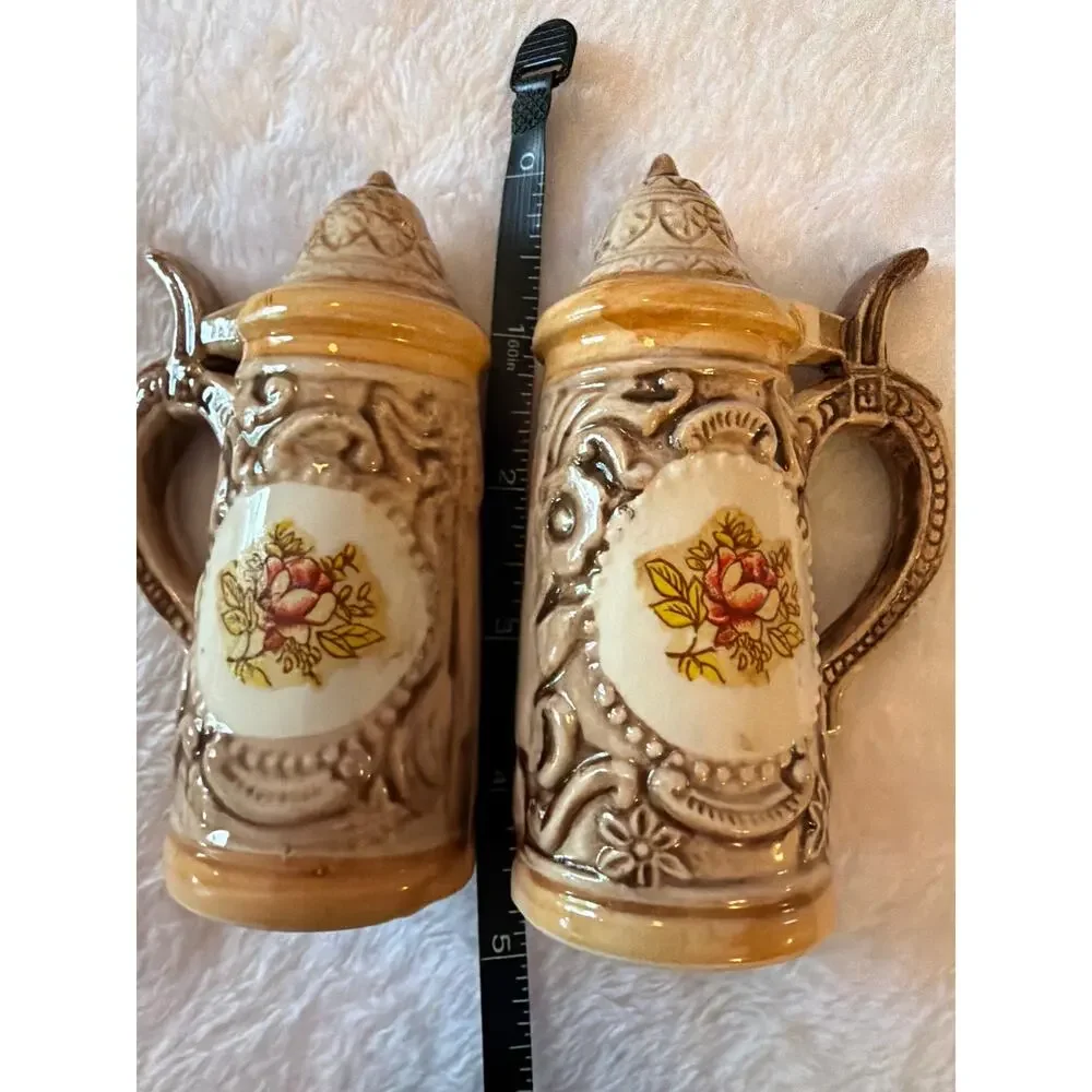 Vintage Mini Ceramic Beer Stein Salt & Pepper Shakers Floral Relief Japan Set 2